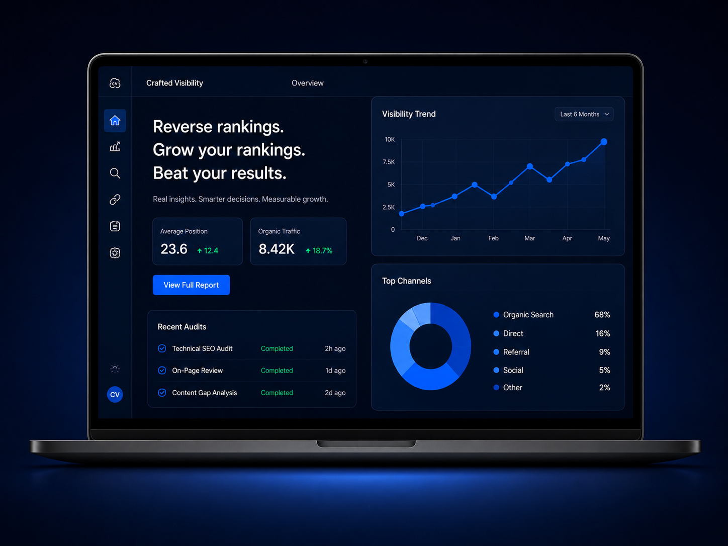 Crafted Visibility website and SEO platform shown on a laptop