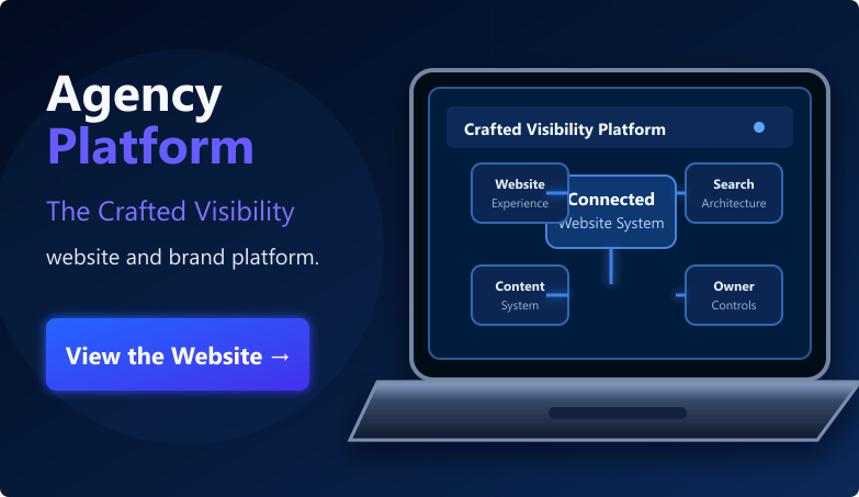 Crafted Visibility website platform shown on a laptop with connected system modules