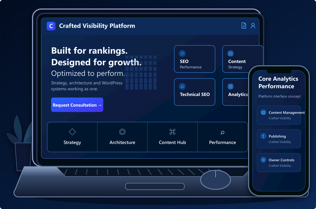 Crafted Visibility website and SEO platform shown across desktop and mobile devices